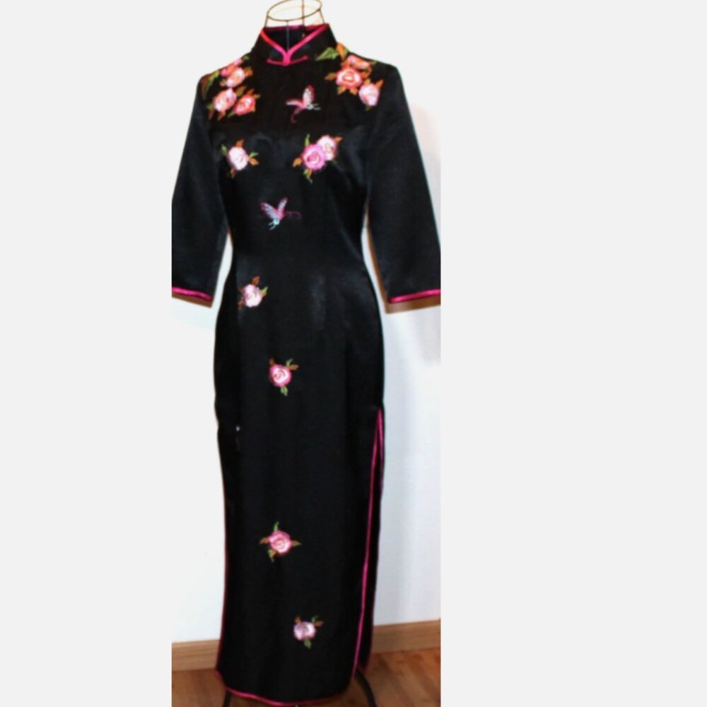 Long Black Satin Dress Floral Butterfly Side Slits Mandrin Collar Eastern XS